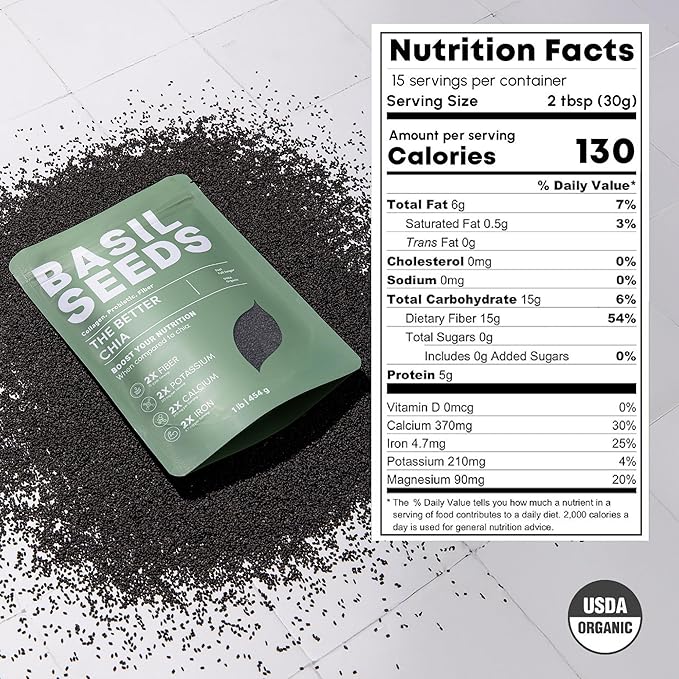 Basilia Basil Seeds Organic for Eating | 2x More Fiber than Chia | Nutrition-Packed Edible Basil Seeds Superfood for Breakfast, Smoothies & Drinks | Keto Friendly & Gluten Free | 1lb Bag