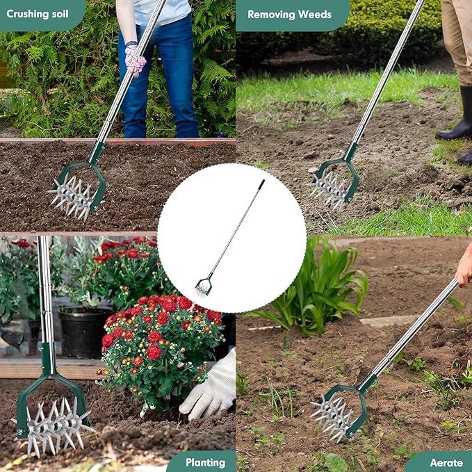Garden Cultivator Adjustable Stainless Steel Handle, fine Rotary Cultivator Tiller for Small Scale Gardens Soil Loosening, Lawn Aeration, Fertilizer Mixing & Planting Preparation