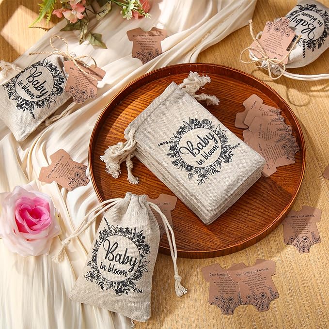 Fumete 25 Sets Baby Shower Party Favors for Guests Baby in Bloom Seed Packets Wildflower Organizer Seed Packets Burlap Bag with Drawstring Thank You Cards and Twine for Party Favor Guests, No Seeds