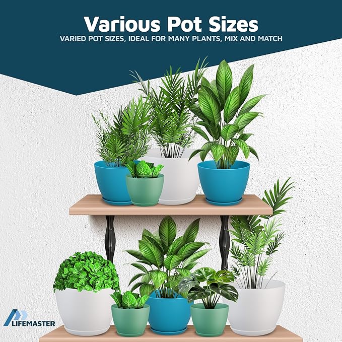 Multicolor Plant Pots with Drainage Holes & Saucers 3 Pack, Indoor & Outdoor Stackable Space-Saving Planters for Houseplants & Flowers, (7", 6.7", and 6" Inches), Durable & Weatherproof Materials