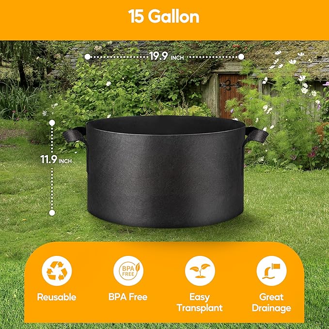 Simple Deluxe Grow Bags 15 Gallon 5 Pack Planter Pots with Handles, Thickened Nonwoven Fabric Aeration Cloth Bag, Heavy Duty Gardening for Tomoato, Potato, Vegetable and Flowers, Black with 5 Labels