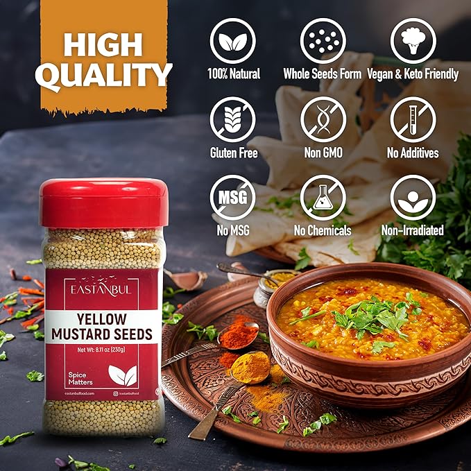 Eastanbul Mustard Seed, 8.11oz, Yellow Mustard Seeds, Semilla de Mostaza, Ideal for Cooking, Premium, Whole, Natural, Yellow, Vegan, Non GMO, Gluten Free, Suitable to Be Ground into Powder