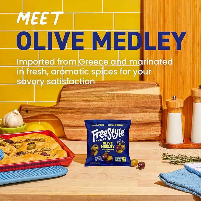Freestyle Snacks Olive Snack Packs - As Seen on Shark Tank - Single Serve - Fresh Pitted Olives, Grown in Greece, All Natural, Non-GMO, Sugar-Free, Salty - Mediterranean Herb, 1.1oz (6 Pack)