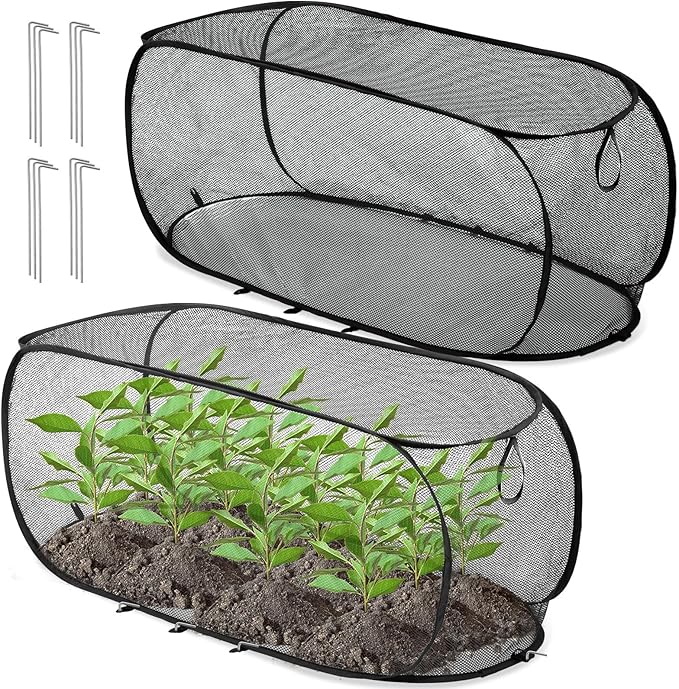 2 Pcs 39" x 18" x 16" Pop up Garden Mesh Plant Cover Outdoor Plant Protector Garden Row Raised Bed Cover with Ground Nails Crop Cage Net for Seedlings Vegetable Fruit Herbs (Black)
