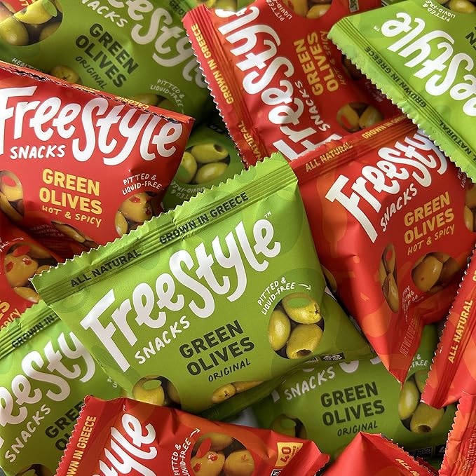 Freestyle Snacks Olive Snack Packs - Single Serve - Fresh Pitted Green Olives, Jumbo-Sized, Grown in Greece, All Natural, Non-GMO, Paleo, Sugar-Free, Keto, Salty Snack - Variety, 1.1oz (24 Pack)