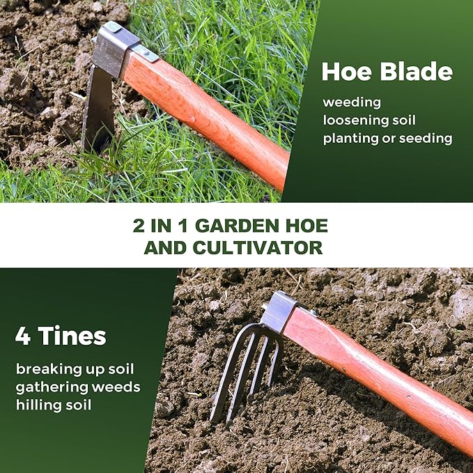 Heavy Duty Garden Tool Set, 2-Piece Hand Cultivator Kit with Carbon Steel Hoe & Rake, 15.2inch Wooden Handle Gardening Hand Tools for Digging, Weeding, Loosening Soil