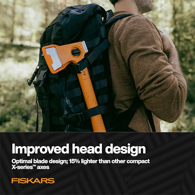 Fiskars X13 Ultralight Hiking Axe 13", Ultra-Sharp Forged Steel Blade for Efficient Chopping & Camping, 15% Lighter High-Visibility Orange FiberComp Handle Drives Tent Stakes, Sheath Included