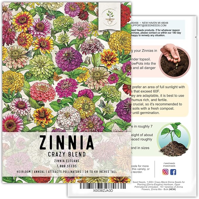 Seed Needs Zinnia Seeds 15+ Varieties Specialty Crazy Blend | 1,000+ Seeds Zinnia Elegans Open Pollinated | Includes California Giants, Candystripe & State Fair Species | Bulk