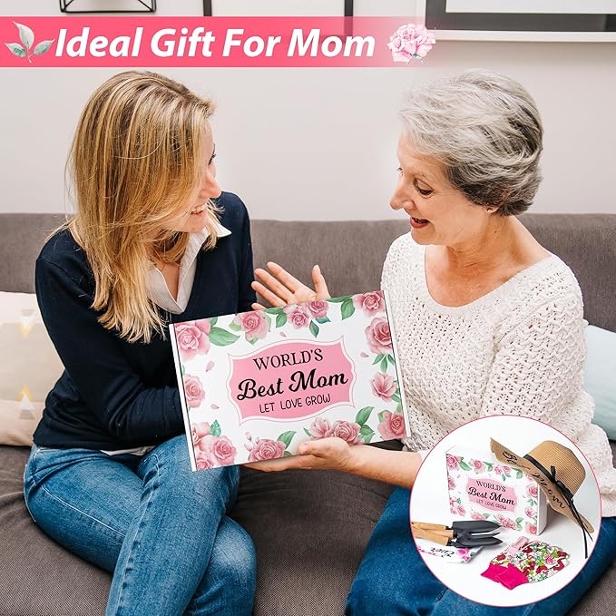 A1diee Mom Garden Tool with Box-Hand Rake Transplanter Apron Trowel Straw Hat Planting Gloves Gardening Set Outdoor Horticulture Starter for Best Mother in Law Plant Lover (Pink)