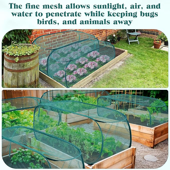 4 Pcs 39" x 18" x 16" Pop up Garden Mesh Plant Cover Outdoor Plant Protector Garden Row Raised Bed Cover with Ground Nails Crop Cage Net for Seedlings Vegetable Fruit Herbs (Dark Green)