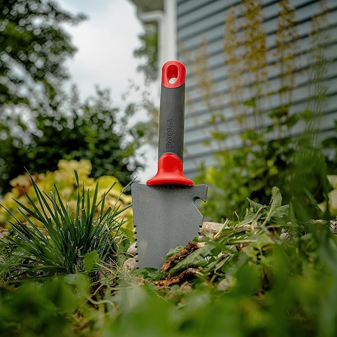 Root Slayer 16011 Garden Trowel with Serrated Blade for Digging and Root Cutting, Heavy Duty Steel Hand Tool, Red