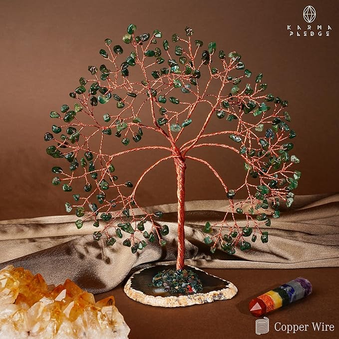 KARMAPLEDGE Crystal Tree Home and Office Decoration, Green Aventurine Healing Stones Handmade Crystal Decor Tree of Life for Positive Energy, Good Luck, Money and Spiritual Gifts for Women