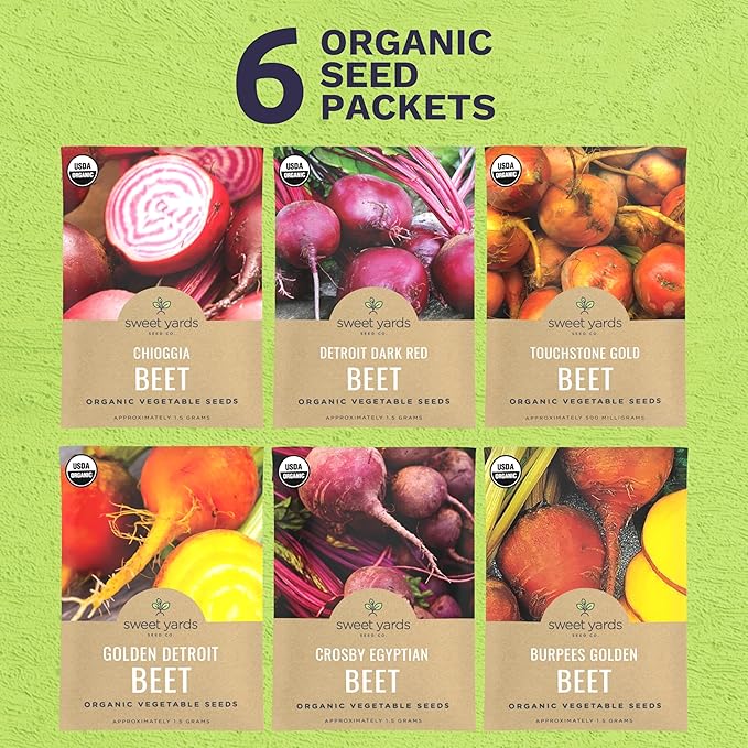 Organic Beet Seeds Variety Pack - 6 Individual Packs - 2026 Season - Detroit Red, Touchstone Gold, Crosby Egyptian and More! for Indoor & Outdoor Planting (Non-GMO, Certified Organic)