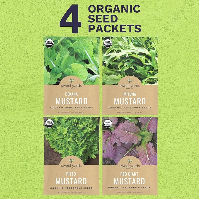 Organic Mustard Green Seeds Variety Pack - 4 Individual Packs - 2026 Season - Mizuna, Pizzo, Bekana, and Red Giant! for Indoor & Outdoor Planting (Non-GMO, Certified Organic)