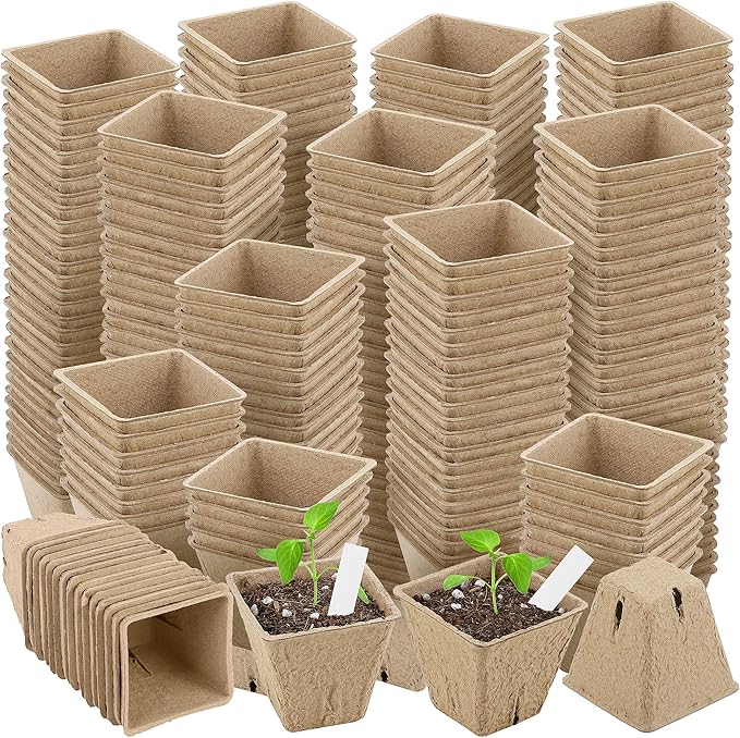 Hahood 300 Pieces Peat Pots Plant Starters 2.3 Inch Square Peat Pots for Herb Seedlings Garden Germination Nursery Pots Organic Germination Plant Starter with Plant Markers Labels for Plants Supplies