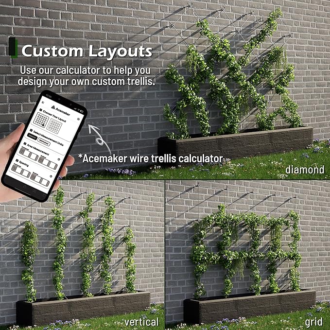 Wire Trellis for Climbing Plants Outdoor, 12-Set Wall Wire Trellis Kit with 5/64"(2mm) x 53ft Stainless Steel Cable, T316 Espalier System for Fence and Garden DIY Projects