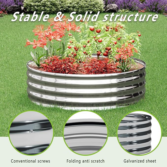 DIIYIV 2PCS 4x4x1FT Galvanized Raised Garden Bed Kit,Vegetable Boxes-Round Metal Flower Box,Large Planter Raised Beds Outdoor Garden for Planting,Fruit,Herb-Silver