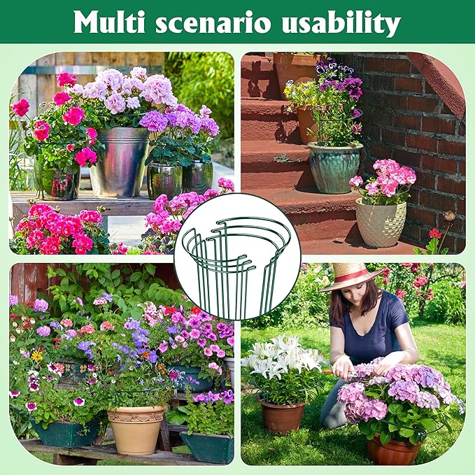 Plant Supports Stakes 6PCS, Half Round Metal Garden Stakes Plant Support for Peony Cages and Supports,Green Plant Support Ring Border for Outdoor Indoor Plants (10" W x 16" H, 6 PCS)