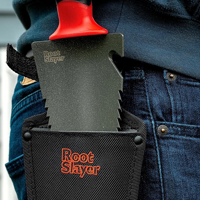 Root Slayer 17011 Garden Trowel with Holster for Digging, Planting, and Root Cutting, Serrated Steel Blade, Red