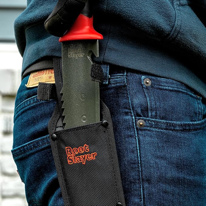 Root Slayer 17211 Garden Soil Knife with Holster for Digging, Weeding, and Root Cutting, Serrated Steel Blade, Red