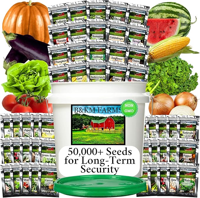 Survival Seed Vault: 50 Varieties, 50,000+ Non-GMO Heirloom Seeds - 5+ Year Supply in Secure Bucket + Growing Guide by B&KM Farms (3 Pack)