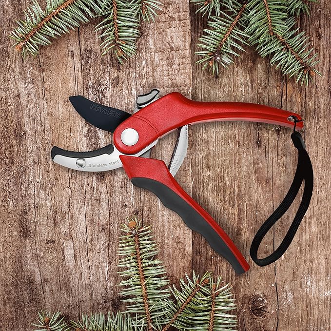 Nevlers 8" Anvil Pruning Shears for Gardening | Hand Pruners for Gardening w/Stainless Steel Blades, 8mm Cut Cap | Garden Clippers Handheld w/Safety Lock | Pruning Shears Heavy Duty Design — Red